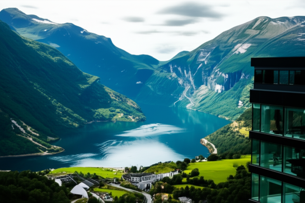 Norsk landskap med moderne kontor