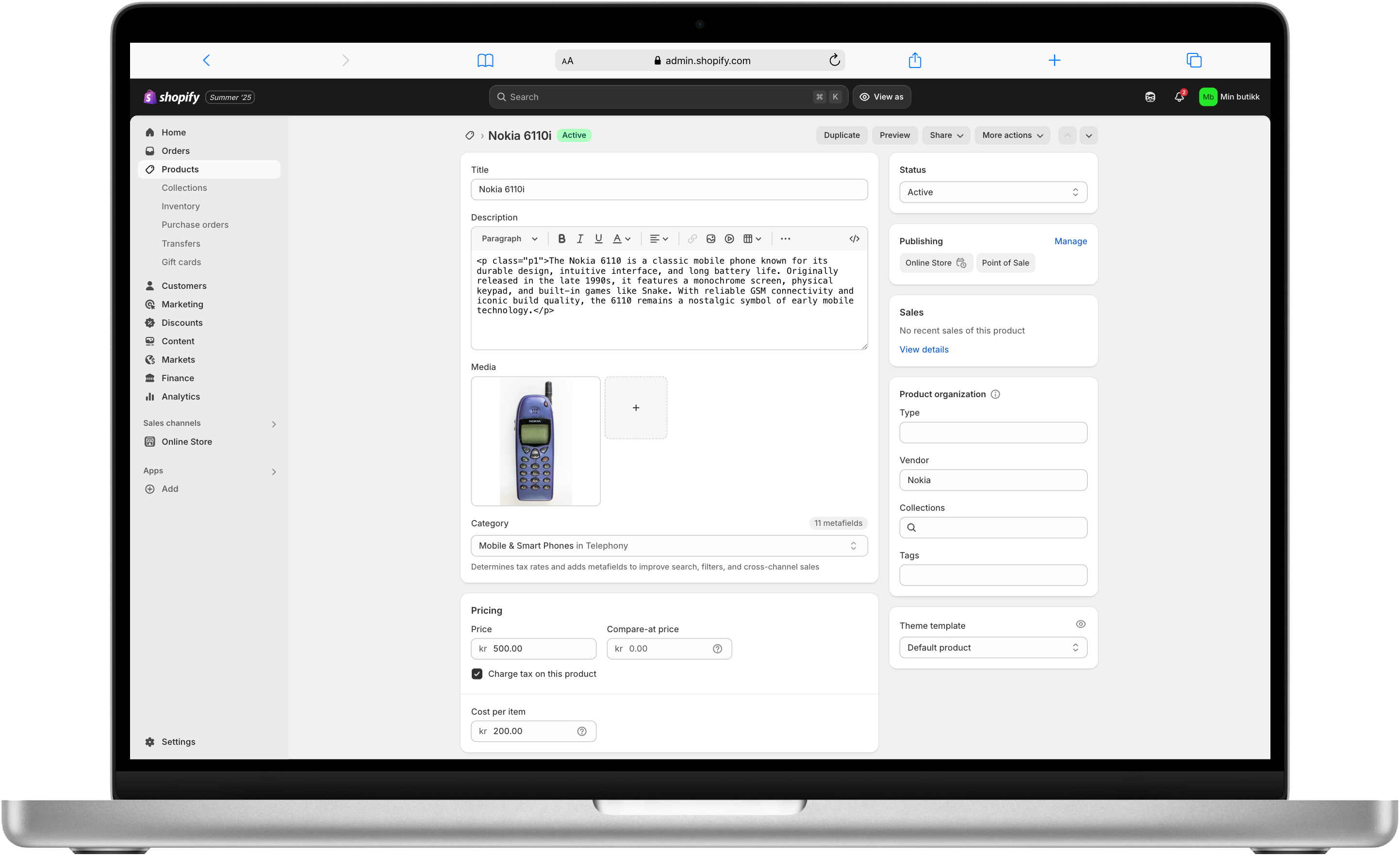 Shopify admin interface showing product editing